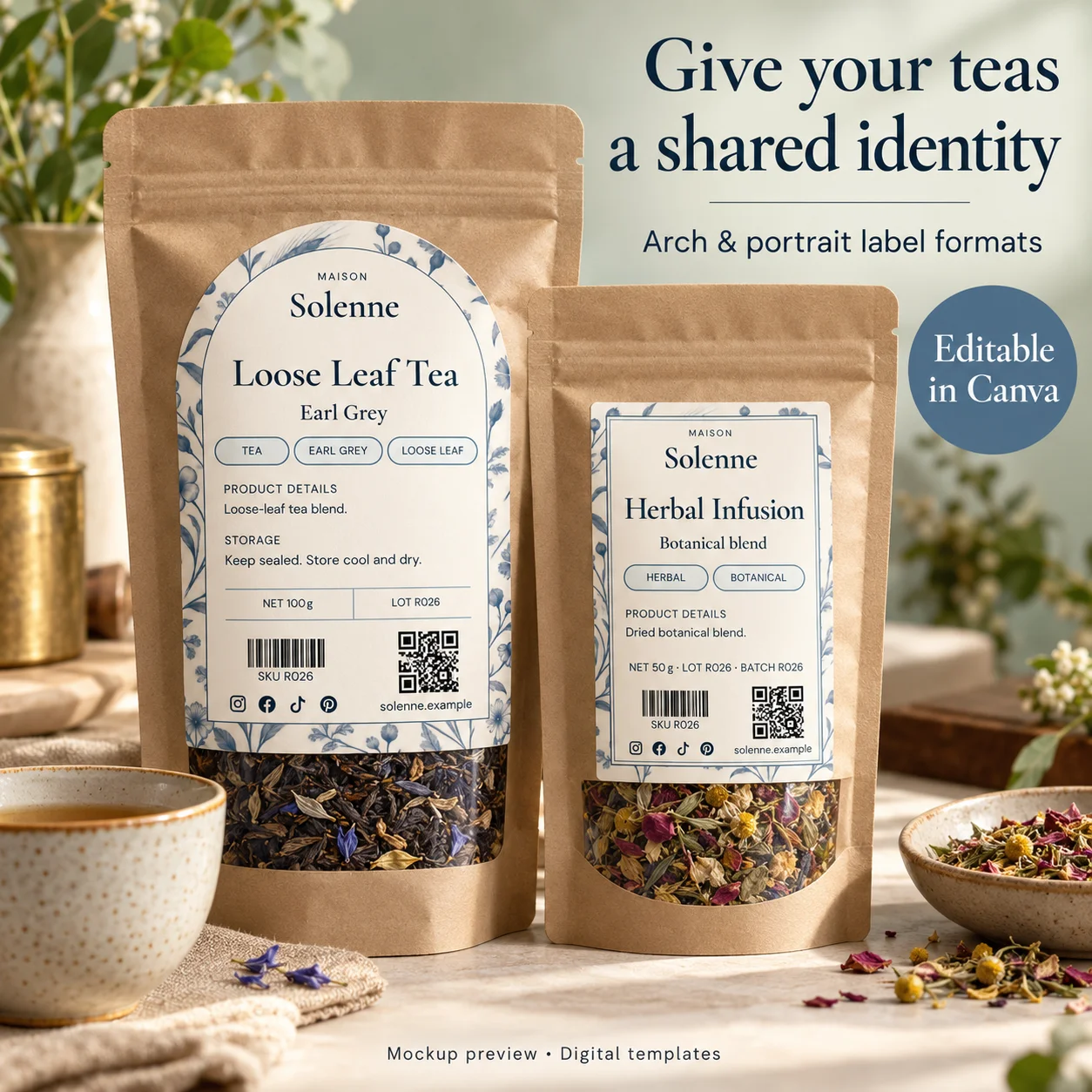 Coordinated botanical designs on example tea packaging